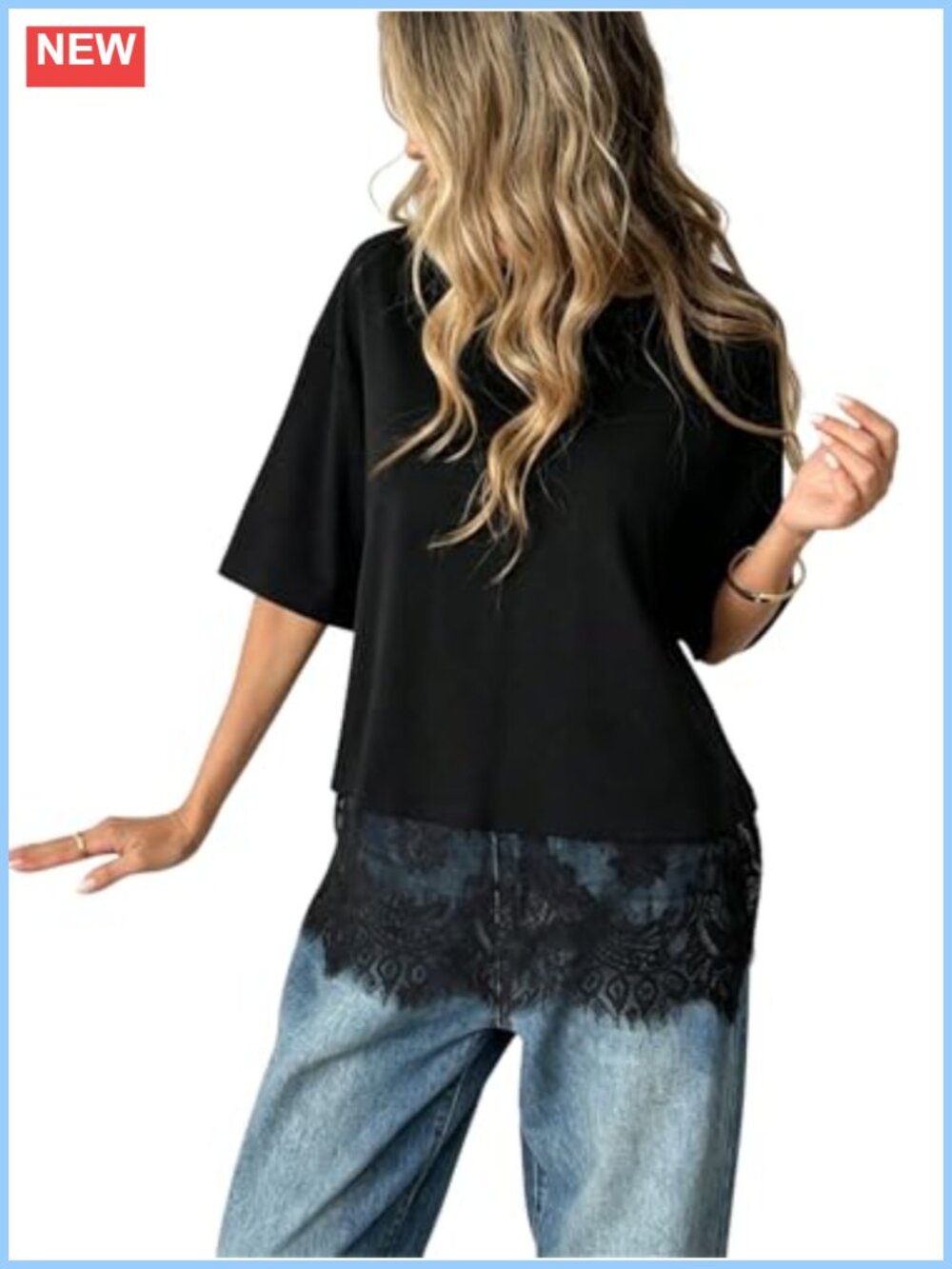 Lace Short Sleeve Crew Neck Loose Fit Tee Top